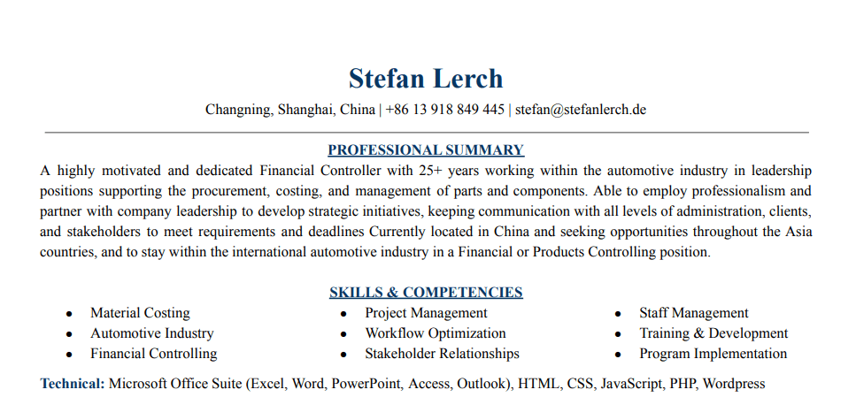 Summary of my Resume (Werdegang). Devided in Professional Summary and Skills/Competition.